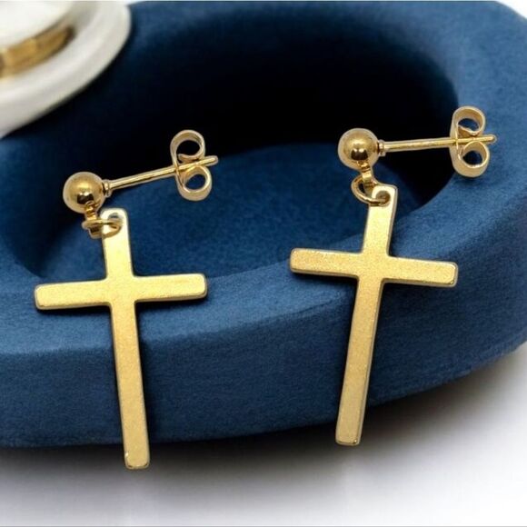 Elegant Gold Cross Earrings Stainless Steel Pierced Ears Women's Jewelry Dangle - Picture 2 of 5